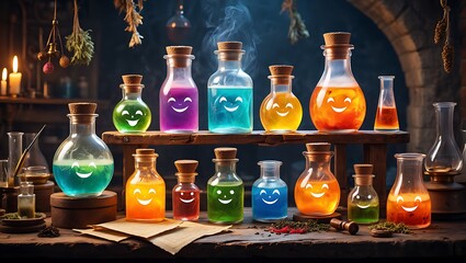 Magical potions with happy faces in a dimly lit alchemist s laboratory