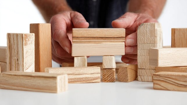 Hands arranging wooden blocks