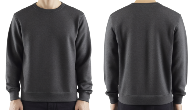 Man wearing a dark grey crew neck sweatshirt front and back view showcasing casual fashion and comfortable apparel for everyday wear