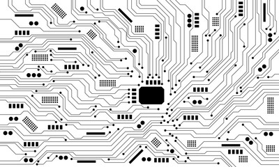 Abstract black circuit board technology connected lines electronics elements computer motherboard chip processor semiconductor digital on white background vector