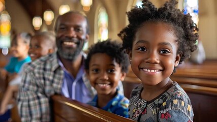 People at church service. Religious holiday. Church prayer. Black family in church.