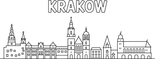 Obraz premium Krakow Skyline Silhouette Outline Vector Illustration Poland Cityscape Urban Architecture Design
