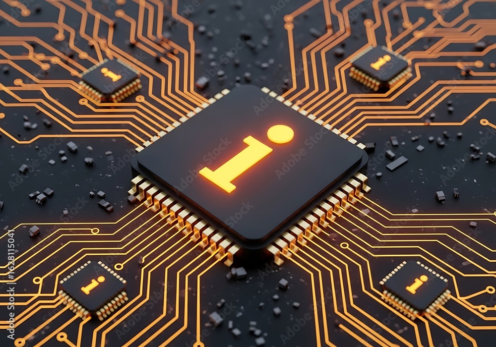 Poster central processor with information symbol on circuit board