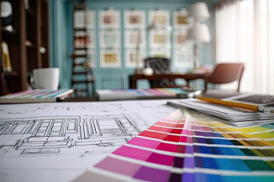 Interior design plans with color palettes on a table.