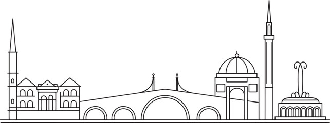 Fototapeta premium Mostar Skyline Outline Vector Illustration Bosnia and Herzegovina Cityscape Silhouette Line Art