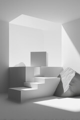 Minimalist Abstract White Geometric Product Display Background with Light Shadows and Textured Rock