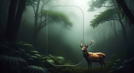 Majestic stag in a misty, enchanted forest with a clear frame for text and design