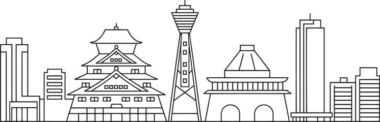 Obraz premium Osaka Japan Skyline Silhouette Vector Illustration with Detailed Landmarks and Cityscape Outline