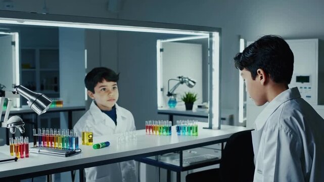 Boy in lab coat standing in science laboratory with colorful test tubes, education and research concept - Powered by Adobe