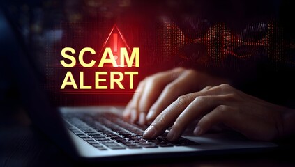 Person using laptop displaying a scam alert warning signifying online security, internet fraud prevention, and digital safety awareness