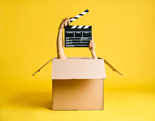 Hands with film clapperboard emerging from cardboard box
