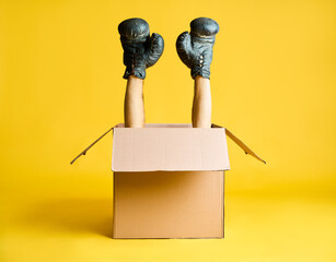 Pair of hands in boxing gloves raised up from open cardboard box