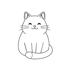 Happy cartoon cat sitting, simple line drawing, adorable pet.
