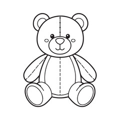 Obraz premium A simple black and white line art illustration of a cute, smiling, stitched teddy bear sitting down.