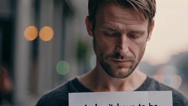 Man holding a message card in urban street, emotional moment of vulnerability and self-expression