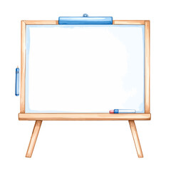 Watercolor illustration of a blank whiteboard on a wooden easel with markers and eraser.