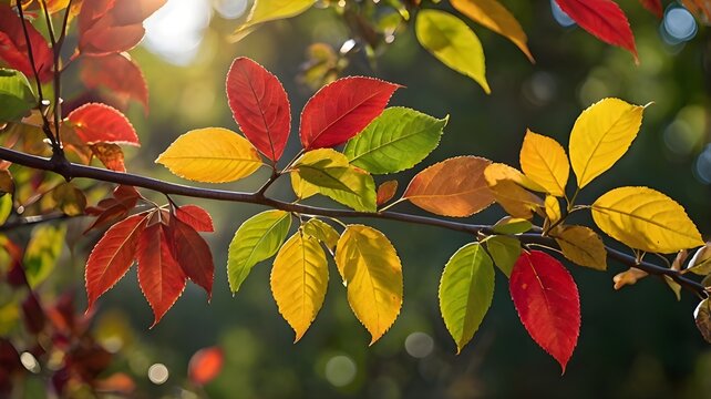 Close-up of a branch with colorful autumn leaves, gently swaying in the sunlight