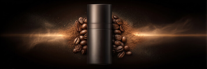 Obraz premium Confezione cosmetica di colore scuro su fondo di chicchi di caffè