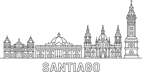 Fototapeta premium Santiago Skyline Silhouette Outline Vector Illustration of Chile Cityscape Landmark Design