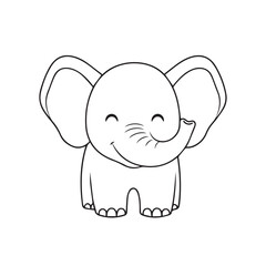 A charming cartoon illustration of a happy baby elephant with large ears and a curved trunk, presented in a simple outline style.