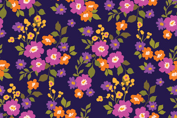 Seamless floral pattern, liberty ditsy print of hand drawn gentle garden in purple colors. Beautiful botanical design of small flowers, tiny twigs, leaves. Textile ditsy fashion, vector illustration.