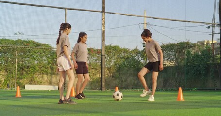 Indian happy young adult gen z sports woman lady group team play football game at outdoor ground yard place teen female girl players learn soccer ball kicking enjoy day spend break time have fun joy