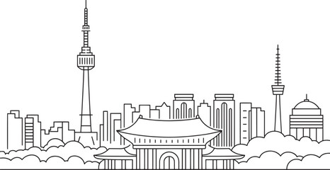 Seoul Skyline Outline Vector Illustration South Korea Cityscape Silhouette Line Art Asian City
