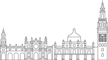 Obraz premium Seville Skyline Silhouette Vector Illustration Detailed Cityscape Outline of Spain Landmark Buildings