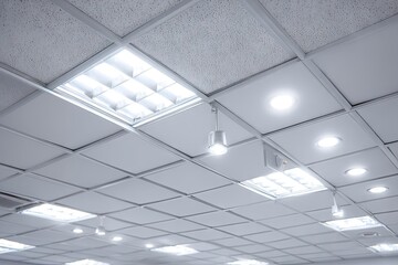 Interior view of a modern commercial ceiling with recessed lighting.