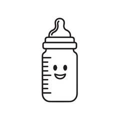 A simple black line art icon of a cute, smiling baby feeding bottle with measurement marks.