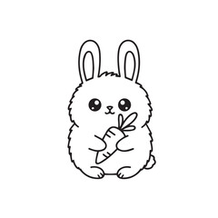 A cute, fluffy white cartoon bunny holding a carrot with big, expressive eyes.