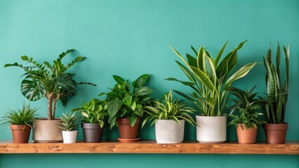 Fototapeta premium Lush green houseplants arranged on a wooden shelf
