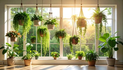 Fototapeta premium Lush indoor garden showcasing diverse houseplants basking in natural sunlight near window