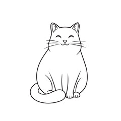 A charming black and white line art illustration of a contented cat sitting upright with a gentle smile.