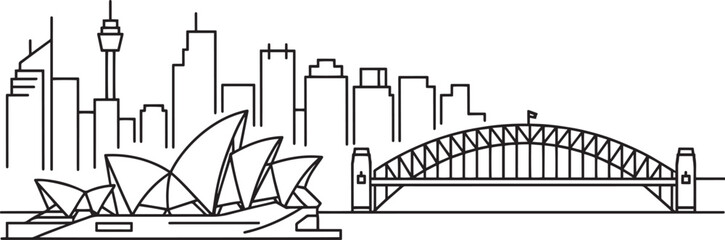 Sydney Australia Skyline Vector Illustration with Opera House and Harbour Bridge Outline