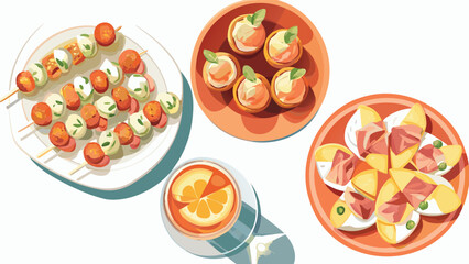 Overhead view of caprese skewers, stuffed orange cups, and deviled eggs on orange plates on a white table