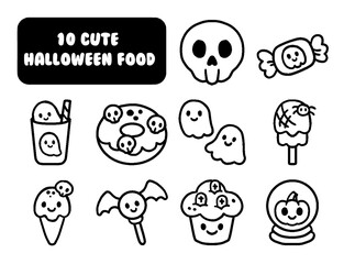 Halloween sweet treats coloring page. line candies, spooky lollipops, cupcake, eye, candy corn, witch finger. Flat cartoon vector illustration isolated on white background