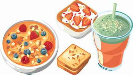 Illustration of a breakfast set with smoothie, toast, and cereal bowl with berries and nuts