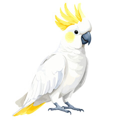 Elegant white cockatoo parrot with a bright yellow crest and cheek patch in a standing pose.