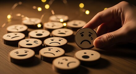 Hand selecting a sad face wooden disc from a collection of varied emotions on a table
