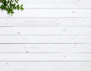 Naklejka premium White Wooden Planks With Green Leaves Background
