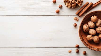 A top-down view of nuts and cinnamon on a white wooden table, tiled arrangement, studio lighting, with replica space and ultra-realistic textures, perfect for culinary or spice-themed designs.