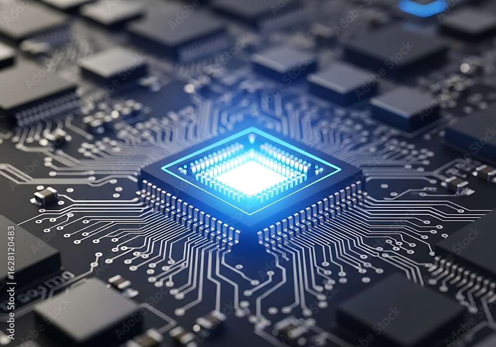 Aufkleber close up of a glowing blue computer processor on a circuit board