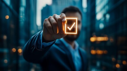 Businessman touching virtual checklist and taking online assessment survey test to approve quality assurance and ERP management, quality control, and improvement.