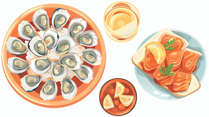 A plate of oysters, salmon toast, a drink, and a bowl of lemon slices on a white background view