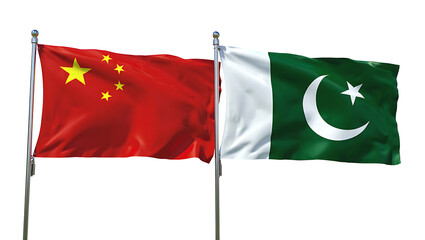 Flags of Pakistan and China friendship flag waving on the sky with beautiful sun light. generative ai