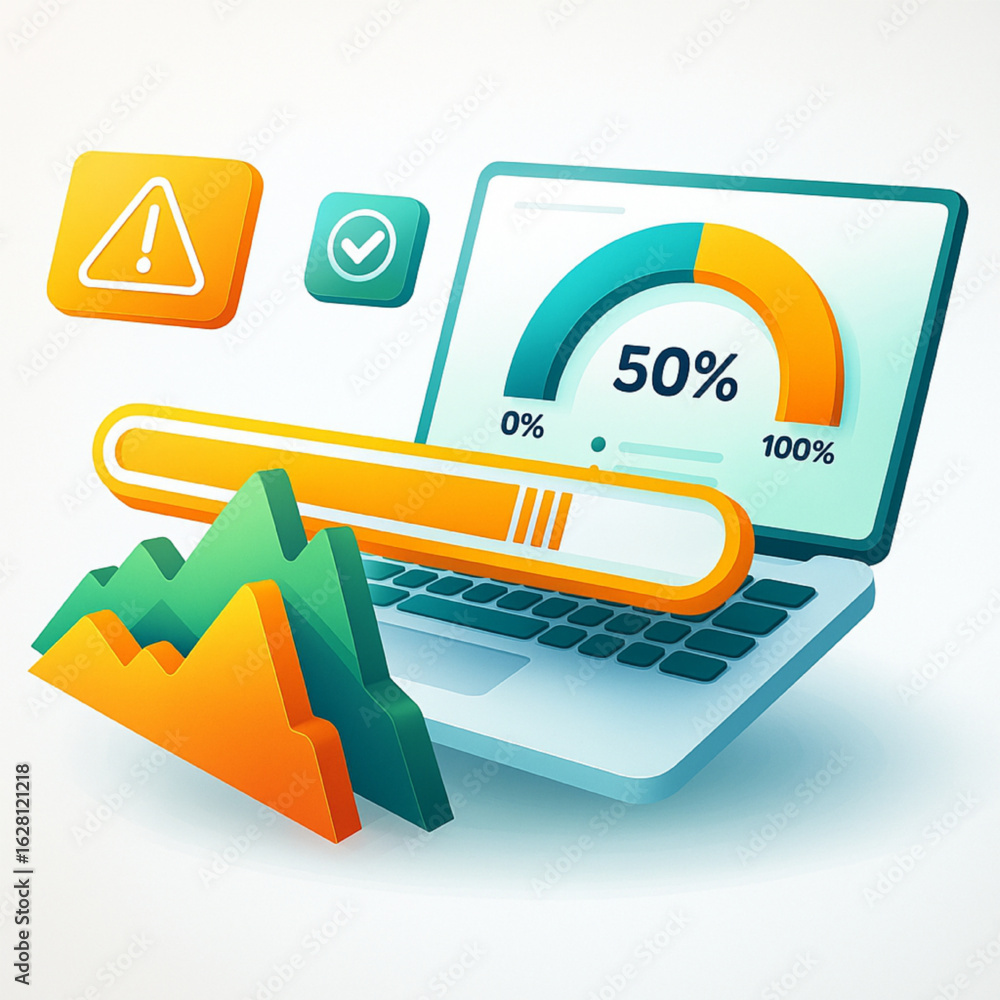 Poster modern laptop displays progress chart and loading bar beside vibrant financial graphs symbolizing bu