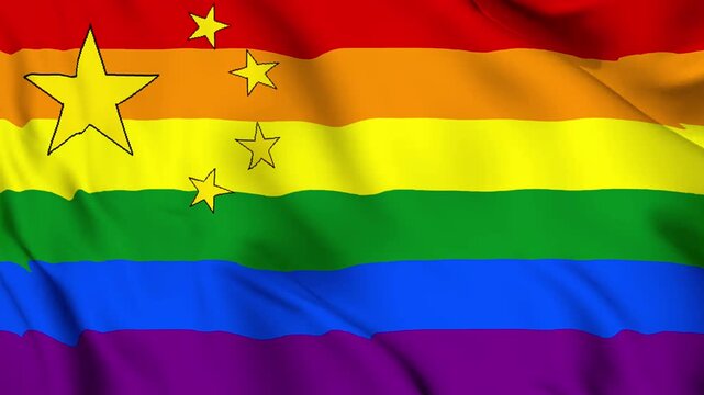 A concept design of LGBTQ movement rainbow flag and the People's Republic of China flag. Video concept animation of relationships and LGBTQ movement.