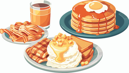 Illustration of a breakfast with pancakes, bacon, waffles, biscuits, and a glass of orange juice