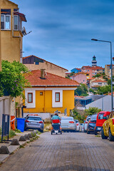 Colorful streets with beautiful houses and bright flowers in Sile